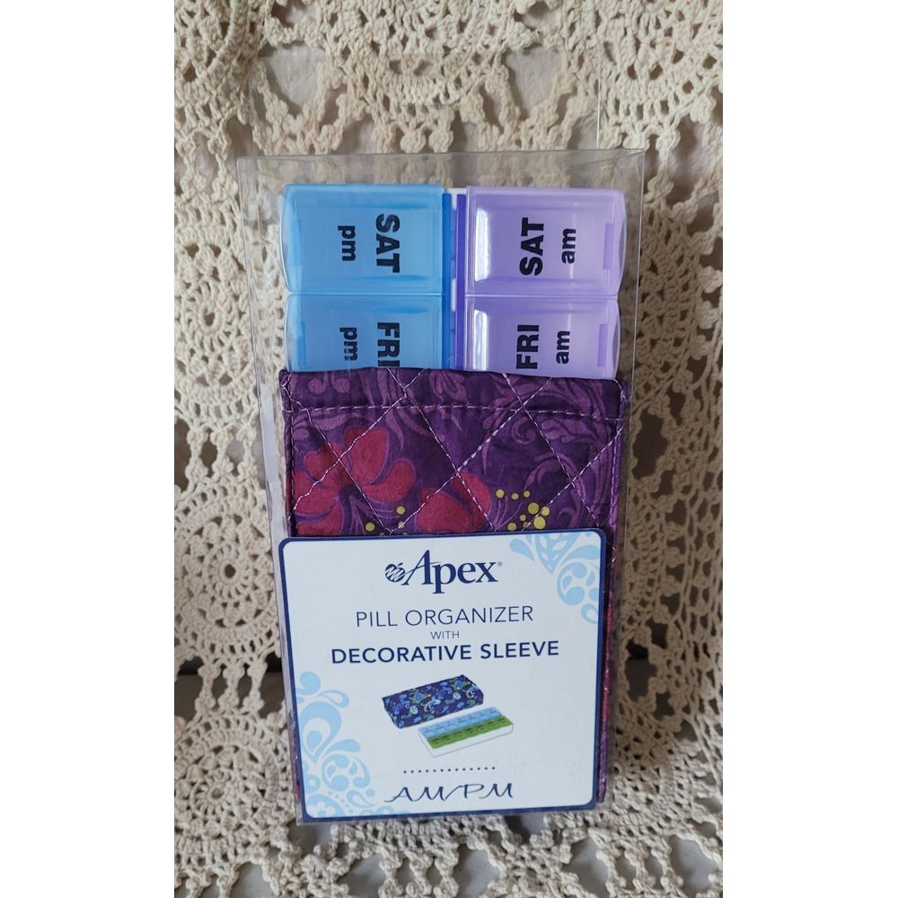 NEW Apex pill organizer with purple plaid decorative sleeve 7‎ days AM & PM